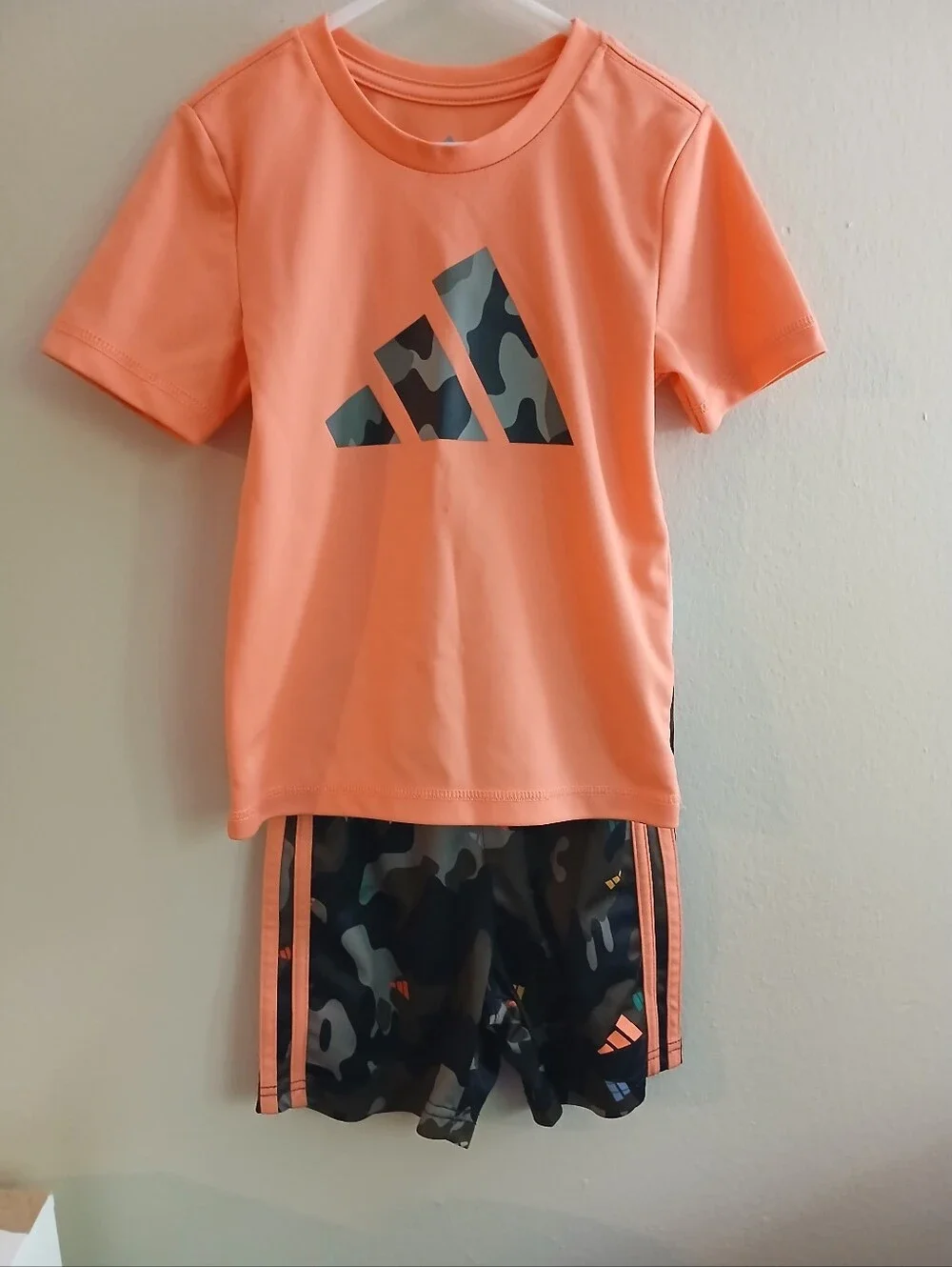 Adidas Peach Tee with Camo Logo and Matching Camo Shorts